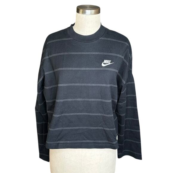 NIKE Black White Striped Cropped Long Sleeve Pullover Sweatshirt Top Size Medium - Picture 1 of 5
